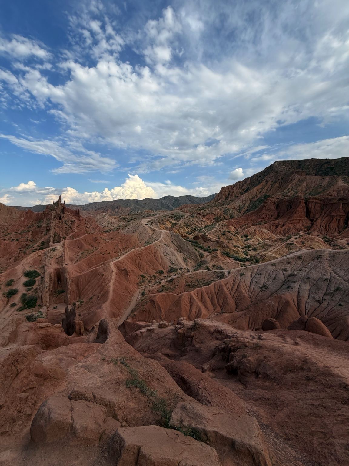 Rode en grijze canyonwanden met kronkelende paden onder een blauwe lucht met wolken